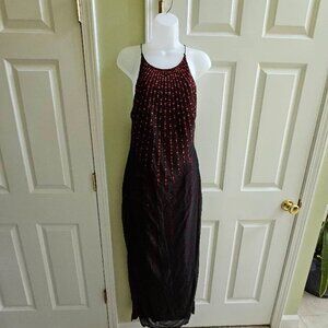 Vintage JSBoutique 90s Red & Black Beaded Criss Cross Back Maxi Formal Dress